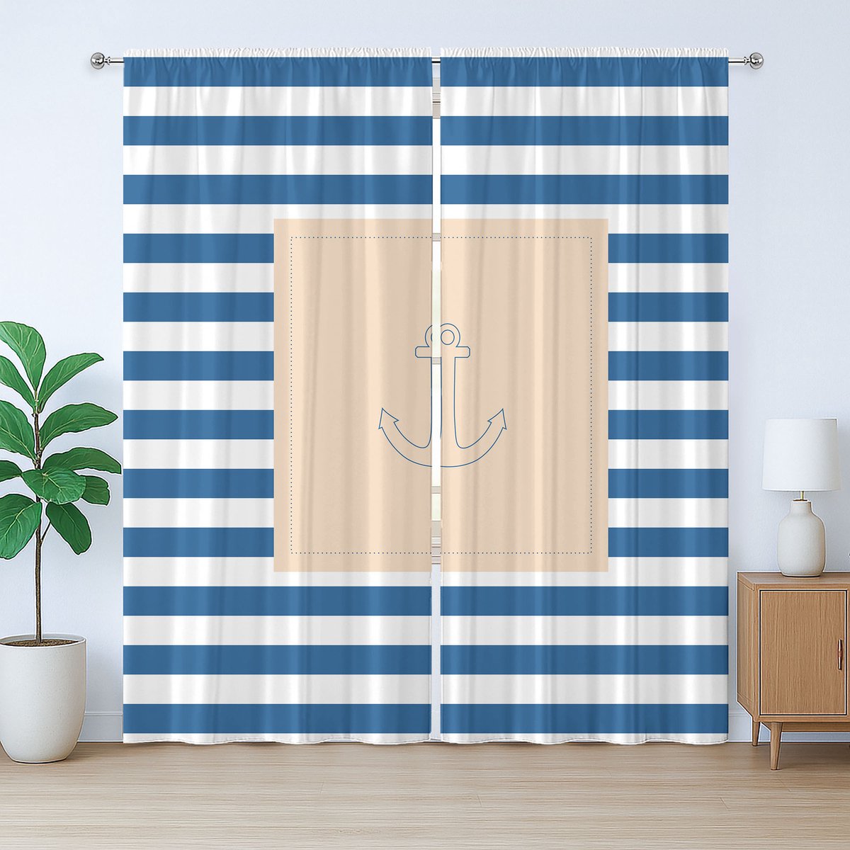 ABAKUHAUS Rustiek Gordijn met Havenstreep, Maritiem Anker, met Bandjes en Lussen en Haken voor de Woonkamer, 280 x 225 cm, Violet Blauw Perzik Wit