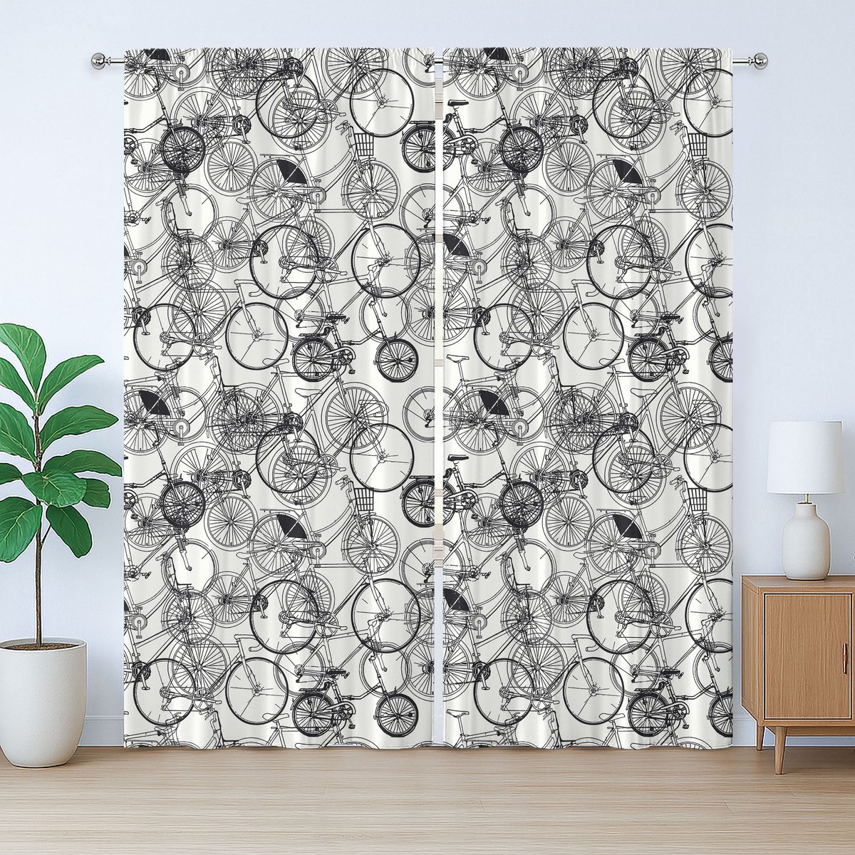 ABAKUHAUS Schetsmatig rustiek gordijn, vintage retro fiets, slaapkamergordijn met plooien, lussen en haken, 280 x 260 cm, zwart-wit