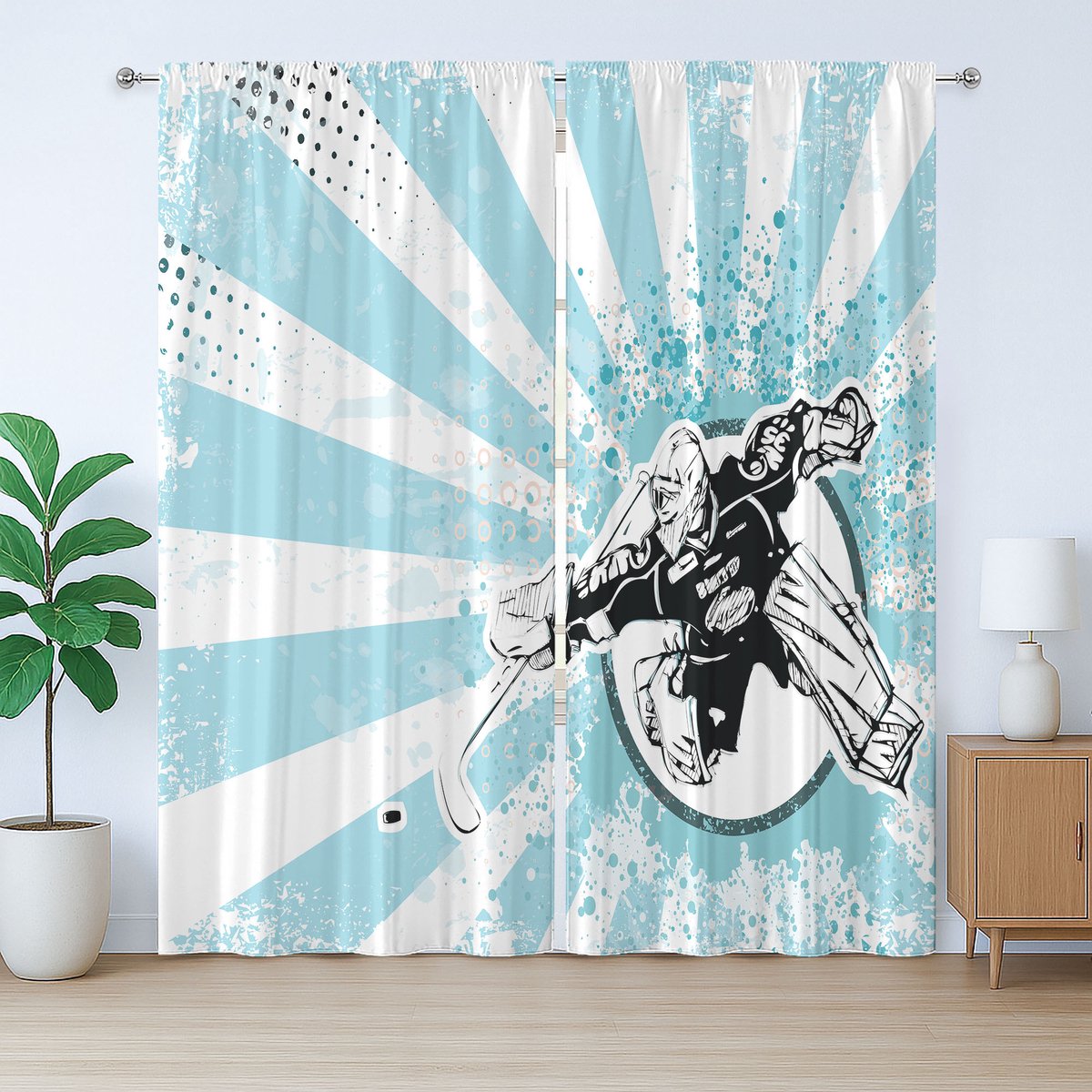 ABAKUHAUS Rustiek ijshockeygordijn, retro grunge keeper, met lussen en haken voor de woonkamer, 280 x 245 cm, lichtblauw, zwart, wit