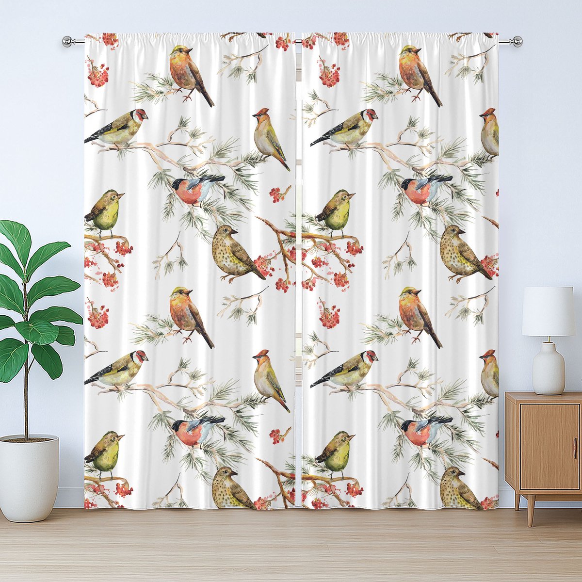 ABAKUHAUS Rustiek dierengordijn, kleurrijke bosvogels, slaapkamergordijn met lussen en haken, 280 x 245 cm, wit meerkleurig