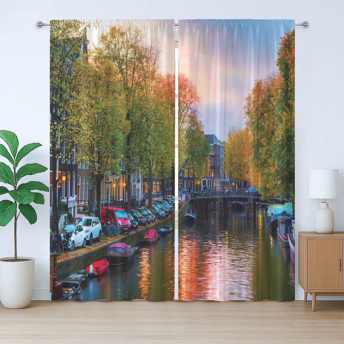 ABAKUHAUS Nederlands rustiek gordijn, Amstel met bruggen, slaapkamergordijn met plooien, lussen en haken, 280 x 245 cm, groen-oranje meerkleurig