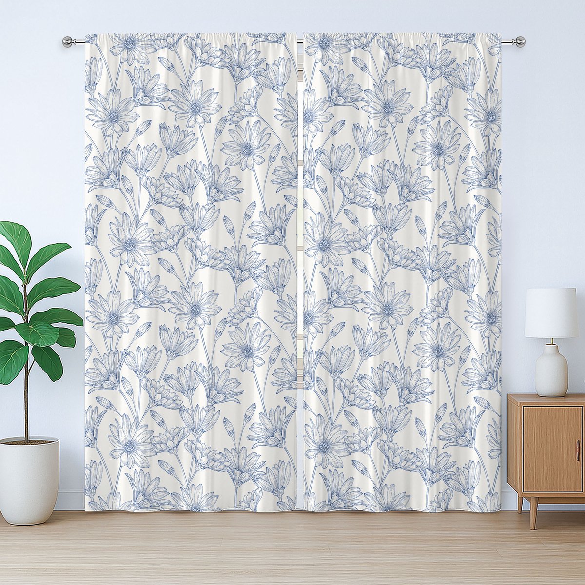 ABAKUHAUS Rustiek gordijn met bloemenmotief, bloeiende asters en madeliefjes, met lussen en haken , 280 x 245 cm, donkerblauwgroen en kokoskleur