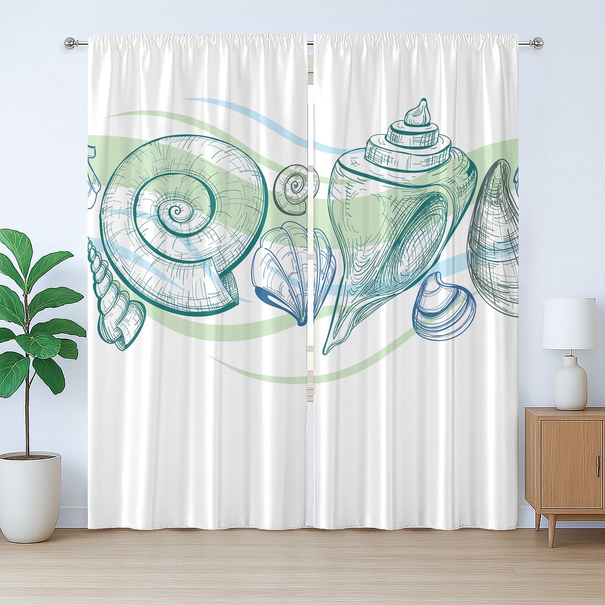 ABAKUHAUS Schetsmatig rustiek gordijn, pastelkleuren, zeedieren, met lussen en haken voor de woonkamer, 280 x 260 cm, witgroen