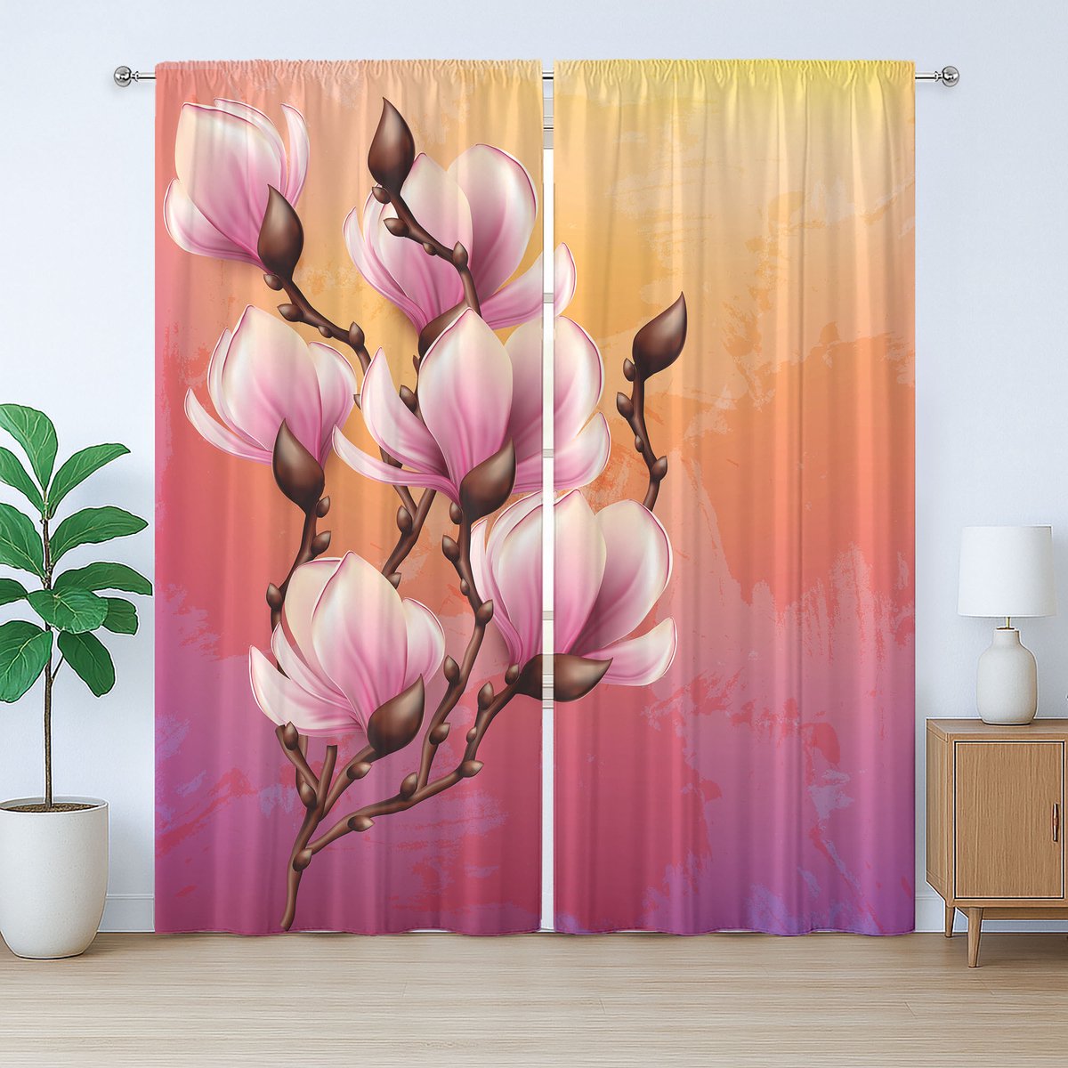 ABAKUHAUS Magnolia Rustiek Gordijn, Realistisch 3D-ontwerp, met Bandjes en Haakjes voor de Woonkamer, 280 x 245 cm, Roze Meerkleurig