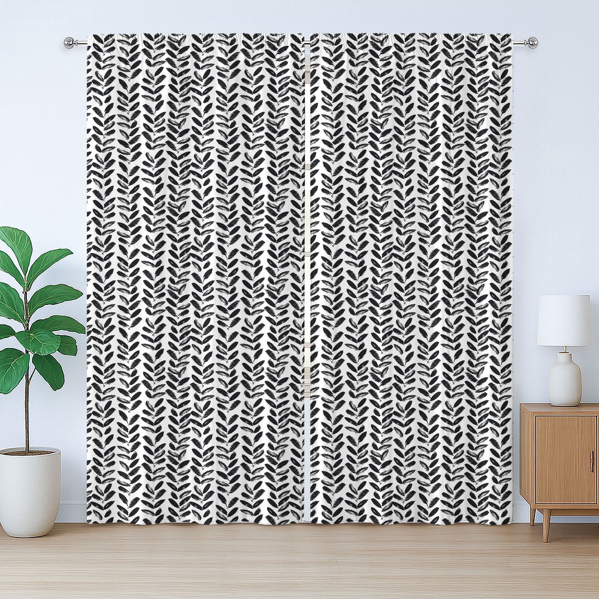 ABAKUHAUS Zwart-wit rustiek gordijn, geschilderd motief, met lussen en haken voor de woonkamer, 280 x 260 cm, wit zwart