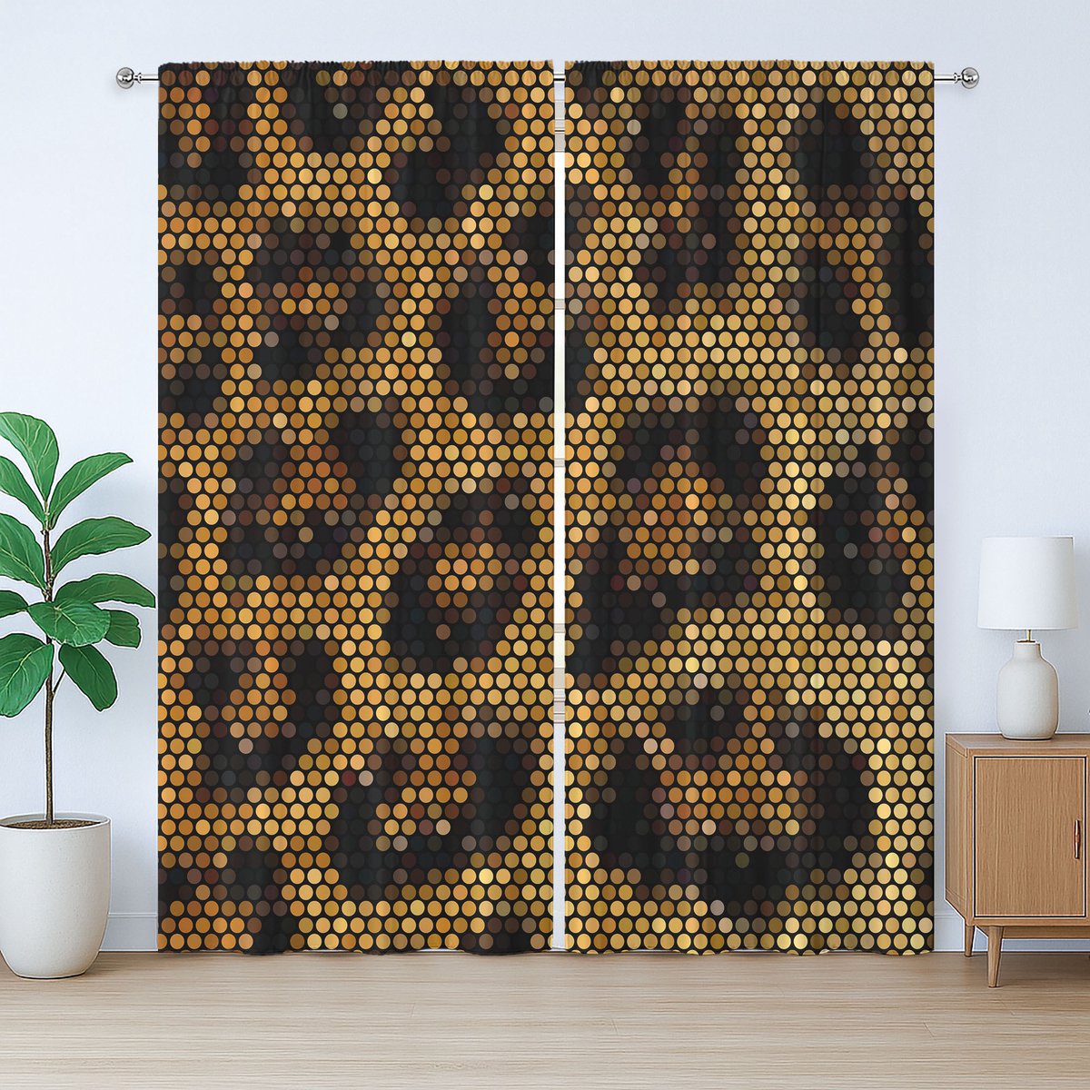 ABAKUHAUS Afrikaans rustiek gordijn, psychedelische luipaardprint, Gordijn met plooiband, lussen en haken, 280 x 245 cm, abrikoos donkerbruin
