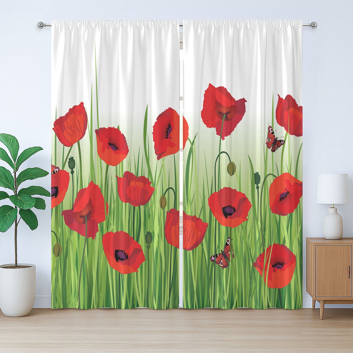 ABAKUHAUS Poppy Rustic Gordijn, Vlinder Bloemenmotief, Universele Gordijnen met Bandjes en Lussen voor de Woonkamer, 280 x 245 cm, Groen en Rood