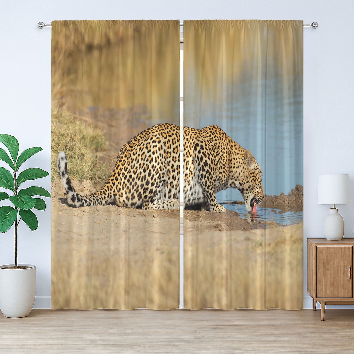 ABAKUHAUS Rustiek dierengordijn, Luipaard op safari, slaapkamergordijn met lussen en haken, 280 x 225 cm, Lichtbruin