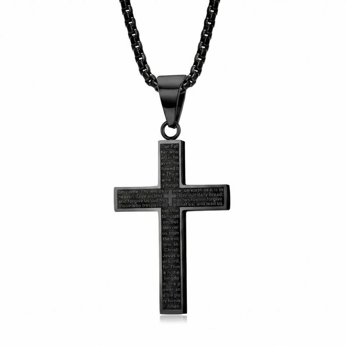 Zwarte RVS Kruis ketting 60 CM – Gegraveerd met het Onze Vader Gebed - voor heren en dames