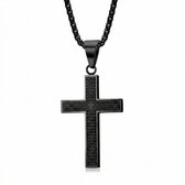Zwarte RVS Kruis ketting 60 CM – Gegraveerd met het Onze Vader Gebed - voor heren en dames