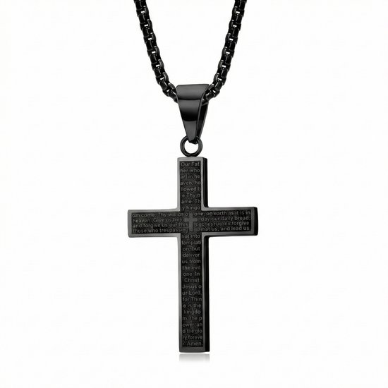 Pendentif croix noir en acier inoxydable avec le texte du Notre Père, sur une chaîne noire.