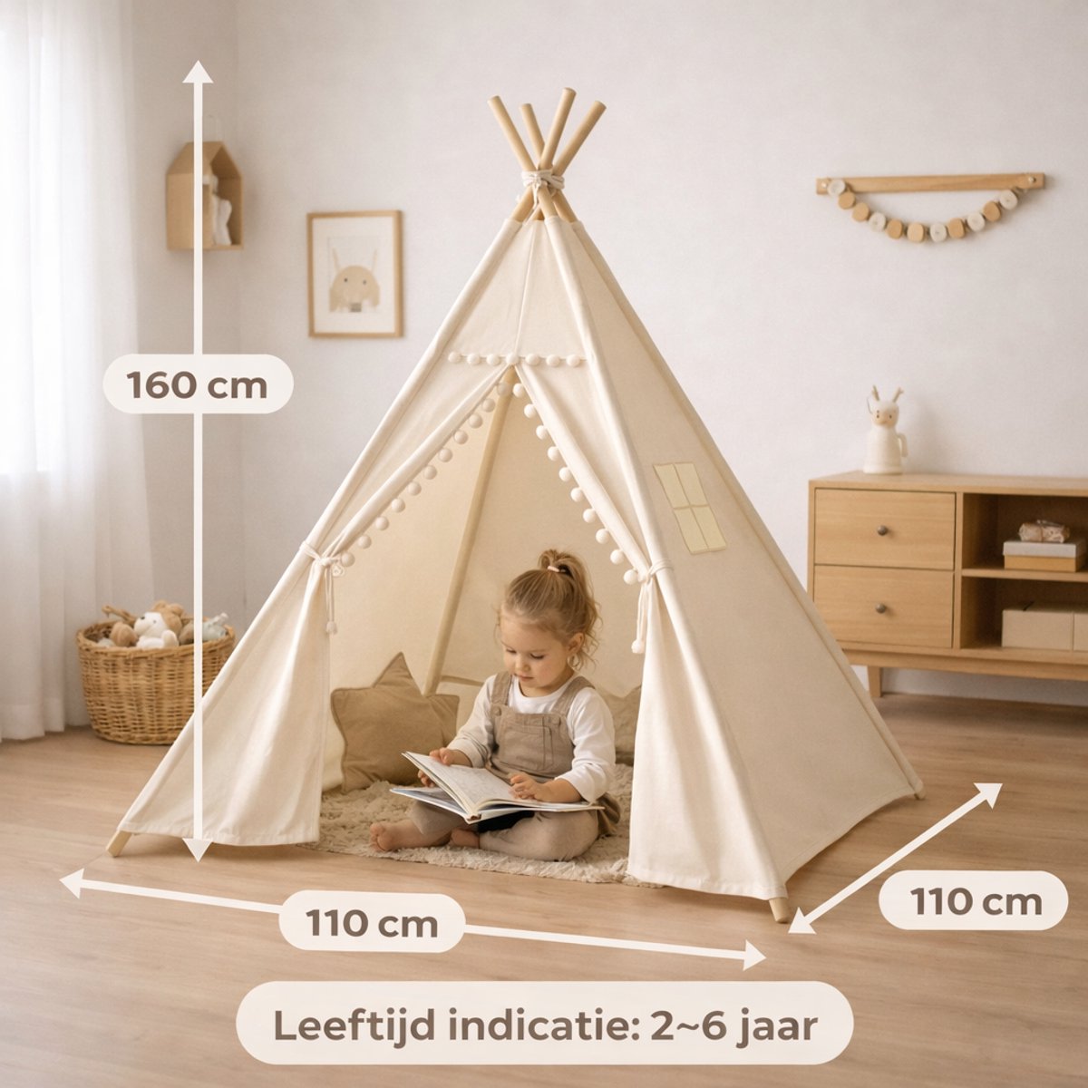 Tipi tent voor kinderen, 180 x 120 x 120 cm, tipitent