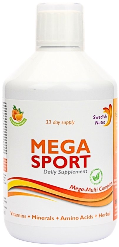 Fles Mega Sport Daily Supplement met oranje en gele accenten op het etiket.