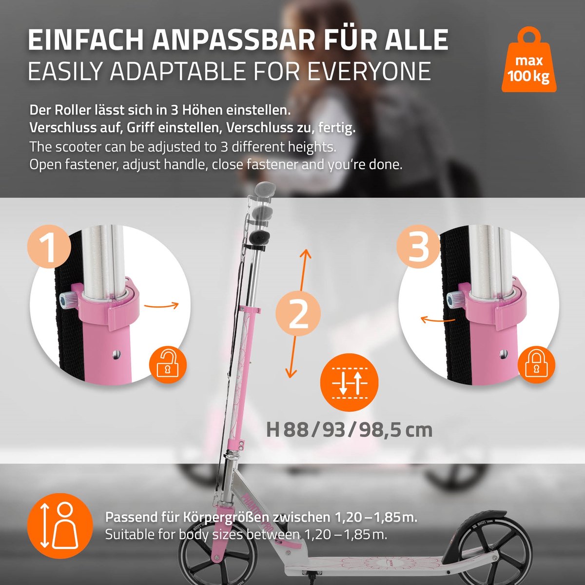 City scooter roze opvouwbare en in hoogte verstelbare step met XXL wielen Hauki step & kick scooter