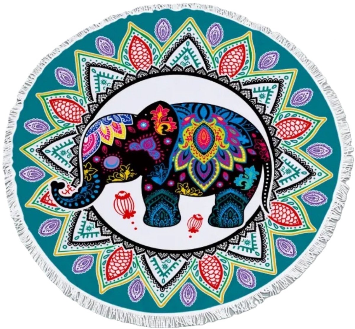 Mj Joys® - Strandlaken – Strandhanddoek Rond – Badlaken Olifant Mandala – Strandkleed – Strandhanddoek – Yogakleed – Groen – Diameter 150 cm