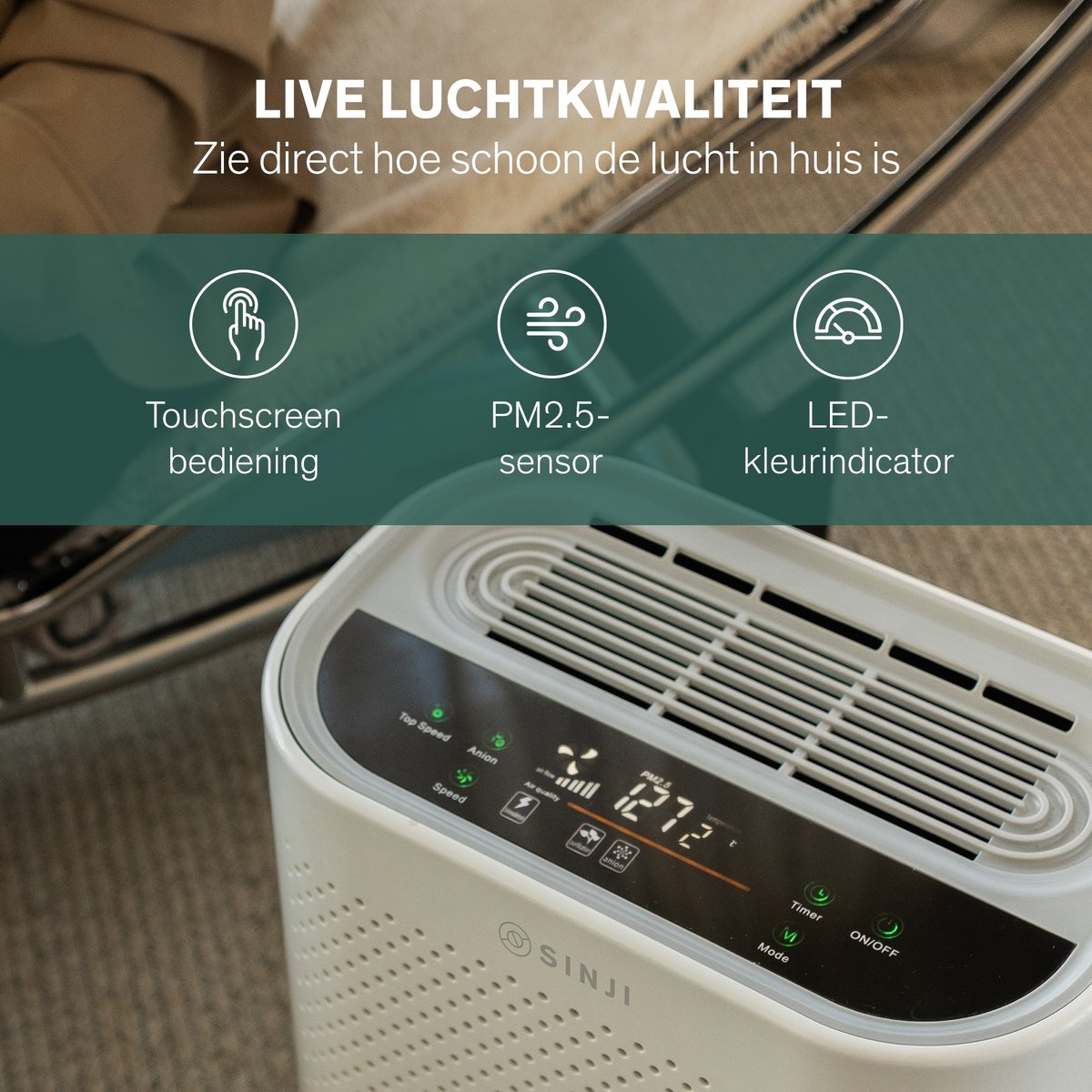 Sinji Luchtreiniger / Air Purifier – HEPA H13 + Koolstoffilter – 220 m³/u, voor ruimtes tot ca. 55 m² – Ionisatie – Afstandsbediening – Timer & Display – Helpt bij stof, pollen & huisstofmijt — afbeelding 6