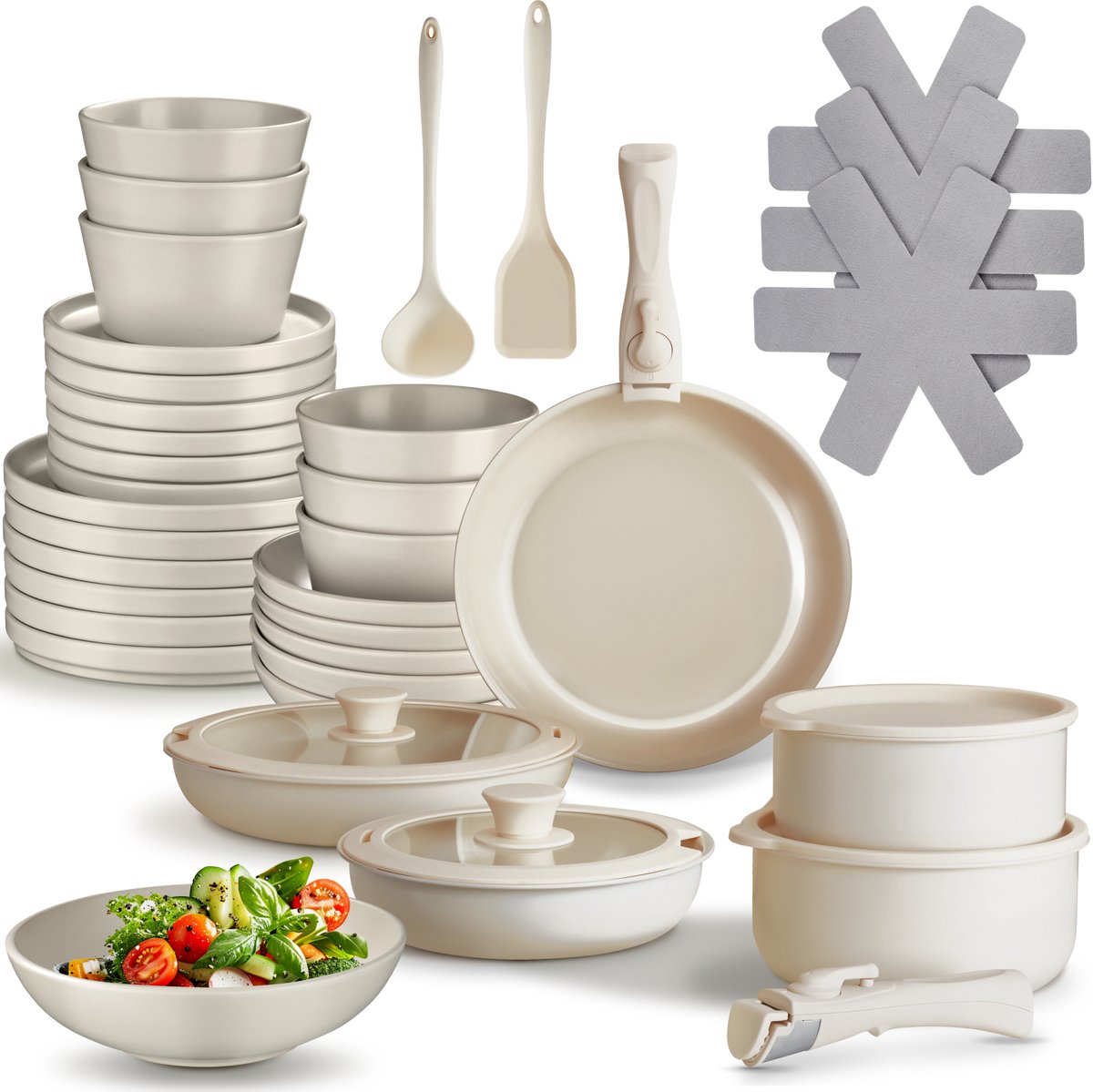 tectake® Complete Pannenset - Borden Set - Aardewerk - 46-delig - 6 Persoons - Set met Servies, Koekenpan, Spatel, Kookpan, Kommen - Pannen met Deksel en Antiaanbaklaag - Ovenbestendig - Vaatwasbestendig - Geschikt voor Inductie - Taupe/Wit