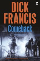Boek "Comeback" van Dick Francis. Een groep jockey's te paard in de mist, met oranje en blauwe letters.