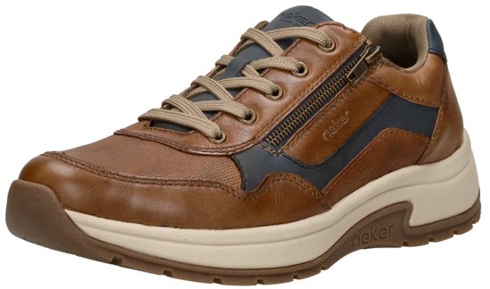 Bruine Rieker sneaker met veters en rits, met blauwe en beige accenten.