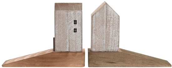 Twee houten deurstops in de vorm van een huis met verweerde witte verf, op een bruine houten basis.