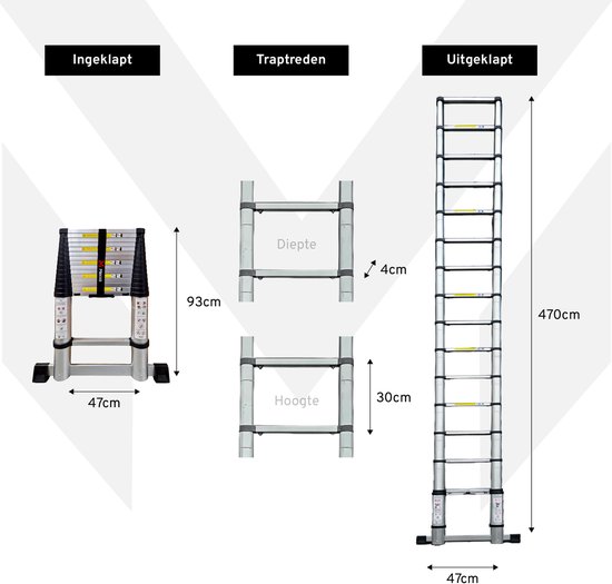 Afmetingen van de Mexxo telescoopladder in ingeklapte en uitgeschoven toestand, en details van de treden.