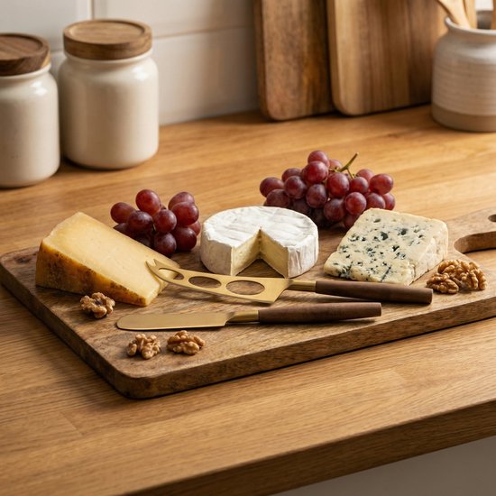 Goudkleurige kaasmessen met houten handvatten op een kaasplank met diverse kazen en druiven.