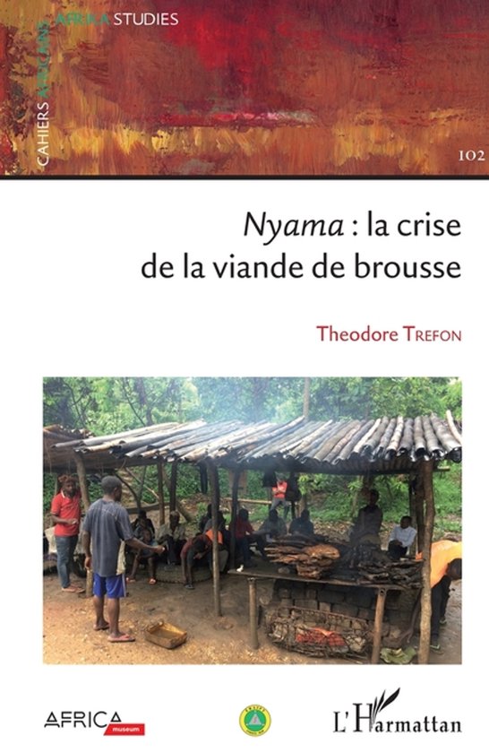 Boek 'Nyama: la crise de la viande de brousse' met een afbeelding van een groep mensen rondom een openluchtkraam waar vlees wordt bereid.