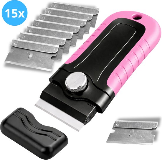 Grattoir à verre Kitian - Grattoir à verre à 15 lames et manche ergonomique - Inductie Beschermer - Nettoyant pour plaques vitrocéramiques/à induction - Grattoir pour plaques de cuisson - Rose