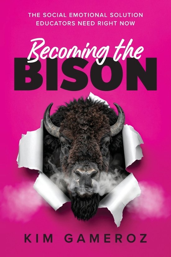Couverture du livre 'Becoming the BISON' avec un bison perçant du papier rose.