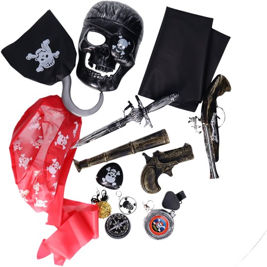 Ensemble d'accessoires coffre au trésor pirate 15 pièces (2 pistolets, main crochet, jumelles, crâne, drapeau, bandana, cache-oeil, poignard, carte au trésor, ...)