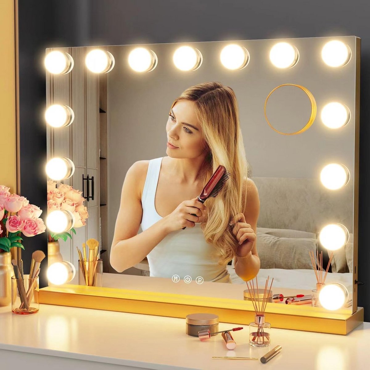 Grote Hollywood Make-up Spiegel met 15 Dimbare LED Lampen en 10x Vergroting
