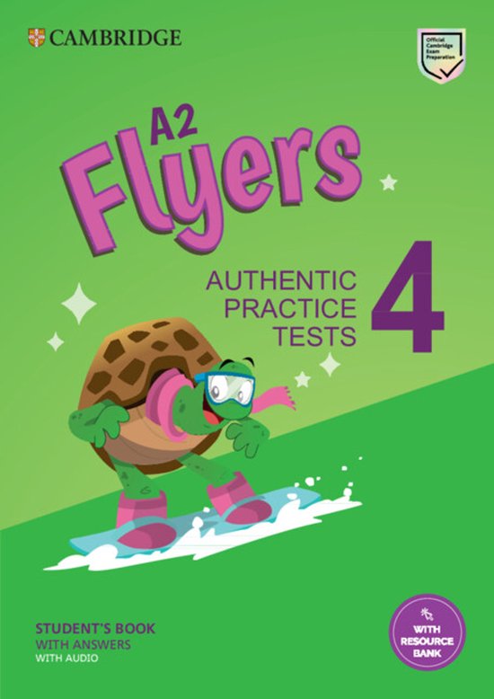 A2 Flyers 4 Student's Book met antwoorden en audio. Met een schildpad op een snowboard.