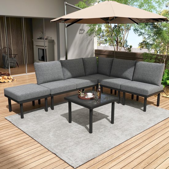 OKWISH Loungeset 6-Delig - Met Verstelbare Poten En Glazen Tafelblad - Voor Tuin En Terras - Olefin - Grijs