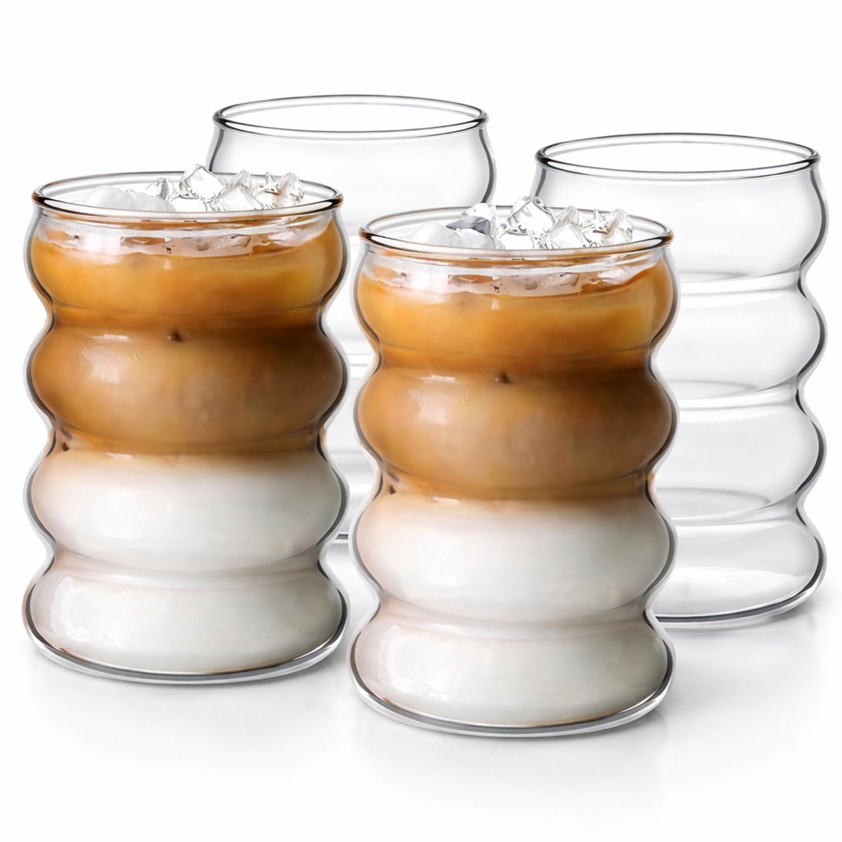 Glozini Wavy Bubbelglazen - 530ml - Set van 4 - Geribbelde Glazen - Bubble Glas - Esthetische Cocktailglazen