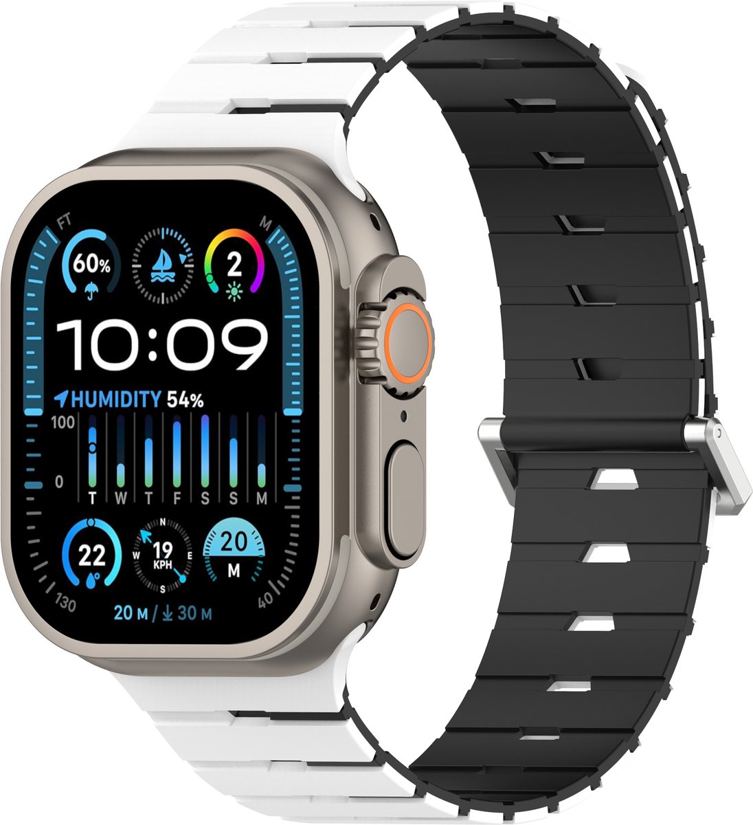 Stravo Piano-stijl Siliconen Horlogebandje met Magneetsluiting – Geschikt voor Apple Watch 46mm (Series 10/11), 45mm (Series 7/8/9), 44mm (Series 4/5/6, SE), 42mm (Series 1/2/3), 49mm (Ultra 1/2/3) - Tweekleurig Siliconen Bandje – Wit / zwart