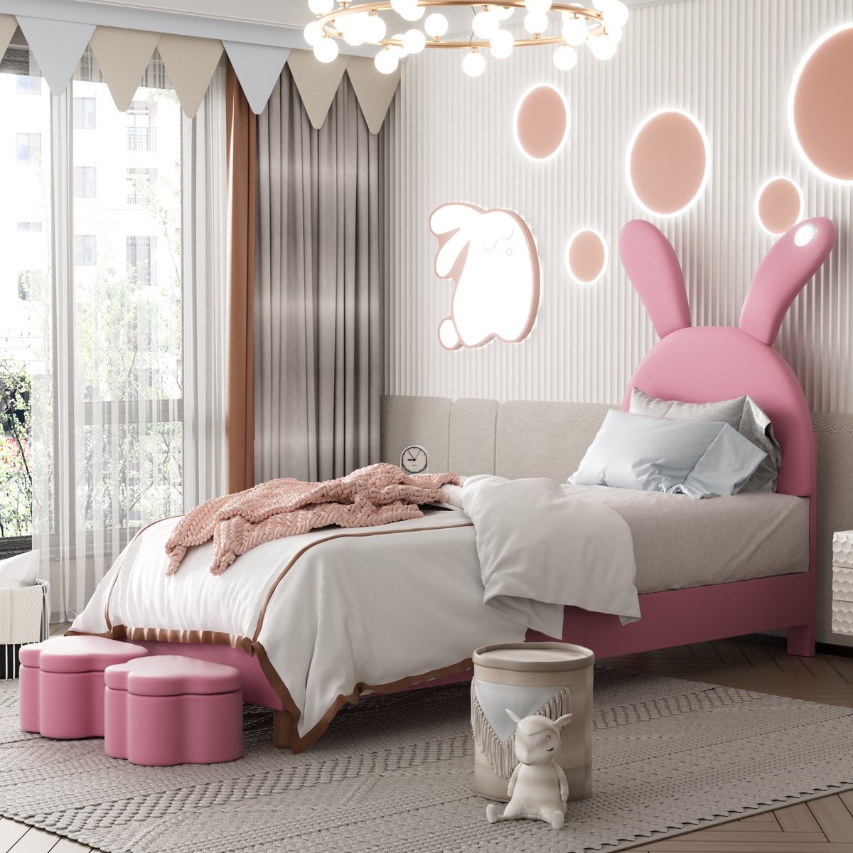 Wishdor Gestoffeerd Bed – 90 x 200 cm – Inklapbare Konijnenoren – Led-Verlichting – 2 Opbergbanken – Frans Fluweel Roze – Speels en Functioneel voor Kinderkamer – Stabiel tot 150 kg – Eenvoudige Montage