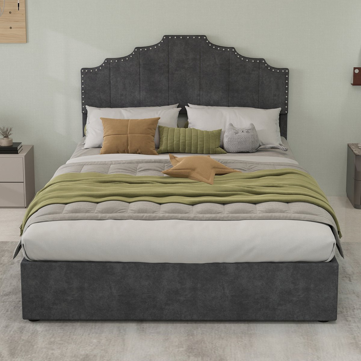 Wishdor Gestoffeerd Bed – 140 x 200 cm – Geometrisch Hoofdbord met Siernagels – Stof en Metaal Grijs – Lattenbodem met Vochtbescherming – Zachte Hollandse Wol – Stijlvol voor Moderne Slaapkamer – Eenvoudige Montage
