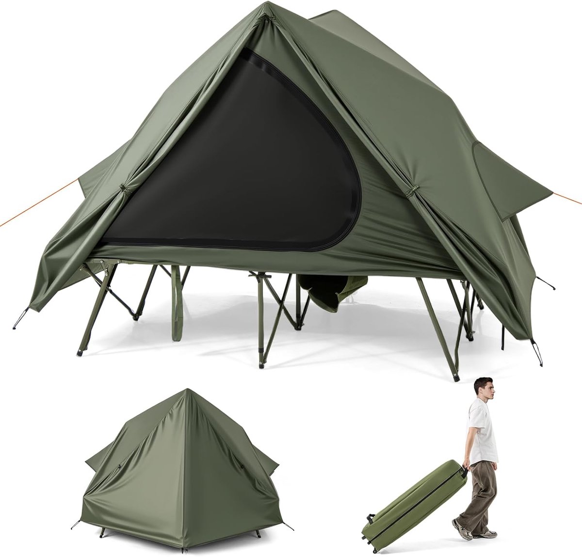 KOMFOTTEU 2-in-1 campingbed met tent, veldbed off-ground met pop-up tentbodem, verhoogd bed, draagtas en waterdicht regenzeil, 2-persoons slaaptentbed voor strand, picknick, reizen