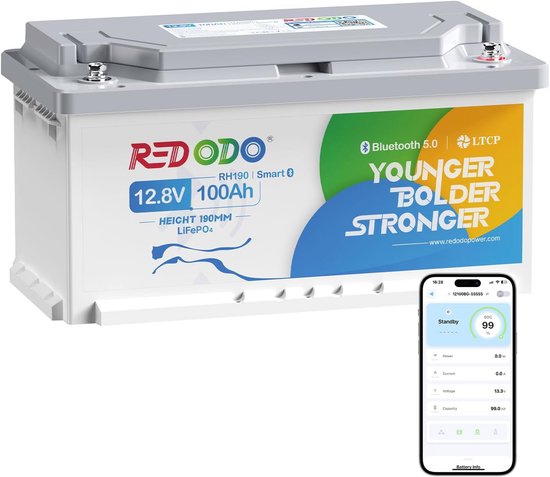 Krachtige 12V 100Ah LiFePO4 Lithium Accu met Bluetooth en Laag Temperatuur Beveiliging voor Camper en Caravan