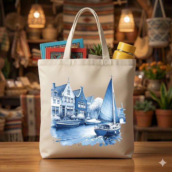 Tote Bag Zeilboot op de Grachten - Nederland - TypischNederlands - GoodVibes - Gift - Cadeau - OranjeVibes - Vlaanderen - Cute - BeneluxVibes - DutchAndBelgian