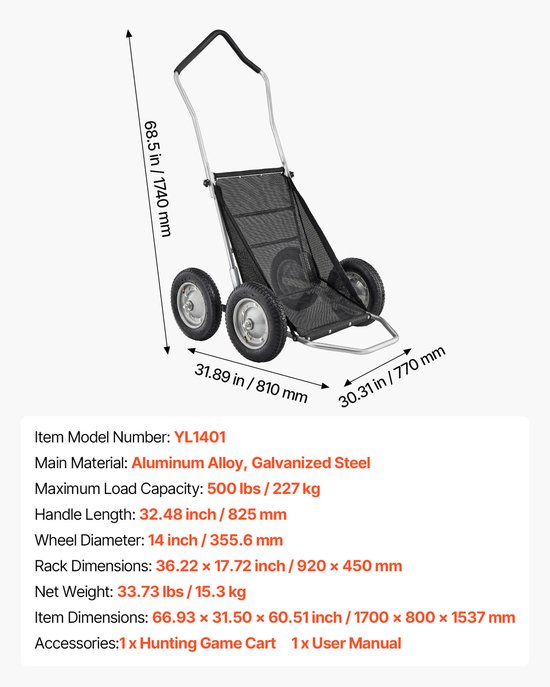 VEVOR Game Cart, 227kg Capaciteit, Robuuste Transportwagen, Terreinwagen, Opvouwbare Wildtransportwagen met Schokabsorberende Banden, Transportwagen voor Jagen, Vissen en Wandelen van Merkloos — afbeelding 5