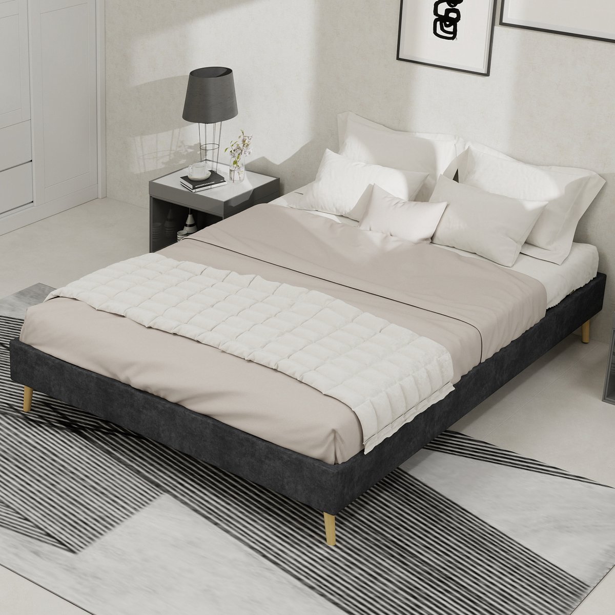 MODFU Bedframe 140x200 cm – Hollandse fluwelen stof – Metalen frame – Grijs