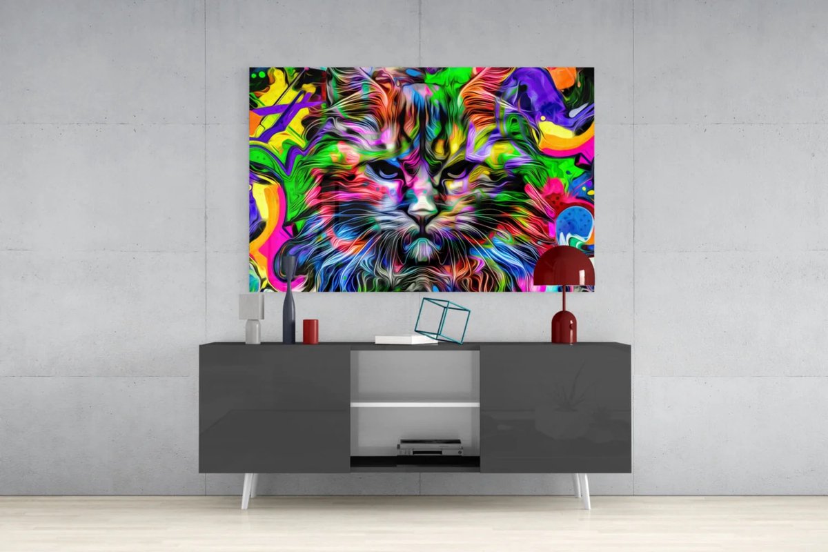 Insigne Art Glasschilderij - Pop Art - Kleurrijke Kattenkop - Wanddecoratie - 110x70 cm