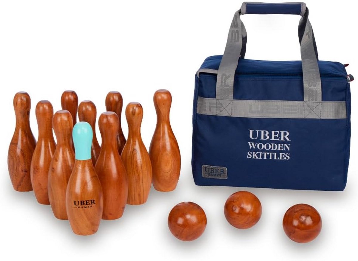 Luxe Houten Bowling Set met Pins en Ballen in Draagtas