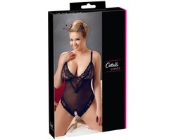 Cottelli Plus Size – Sexy Body met Open Kruis en Kanten Motieven Langs Randen voor Speciale Dates – Maat XL – Zwart
