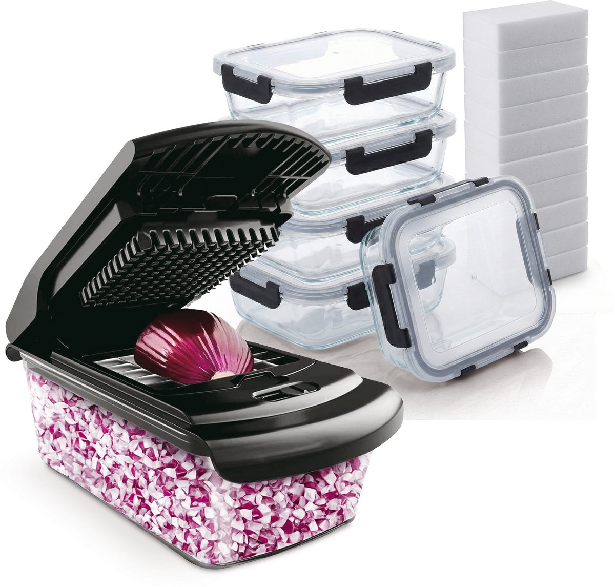 Bardi Groentesnijder - 11 in 1 Multifunctioneel - Keuken mandoline - Handmatig - Keukensnijder - Uiensnijder - Spiraalsnijder - Frietsnijder - Rasp - ZWART met 5 delige voedselbakken en 10 wondersponzen