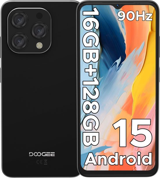 DOOGEE N55 - Smartphone - 16 GB RAM + 128 GB ROM（2TB/TF） - 6.56 inch + 90Hz IPS - 4G Dual SIM - 5150mAh - Android 15 - 5G WiFi - Face ID - GPS - Widevine L1 - Zwart