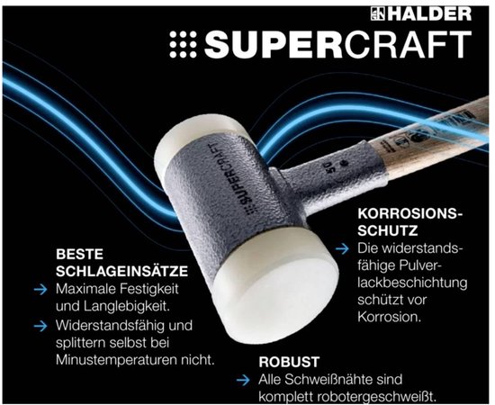 Marteau Halder Supercraft avec têtes de frappe blanches, manche en métal et "Korrosionsschutz".