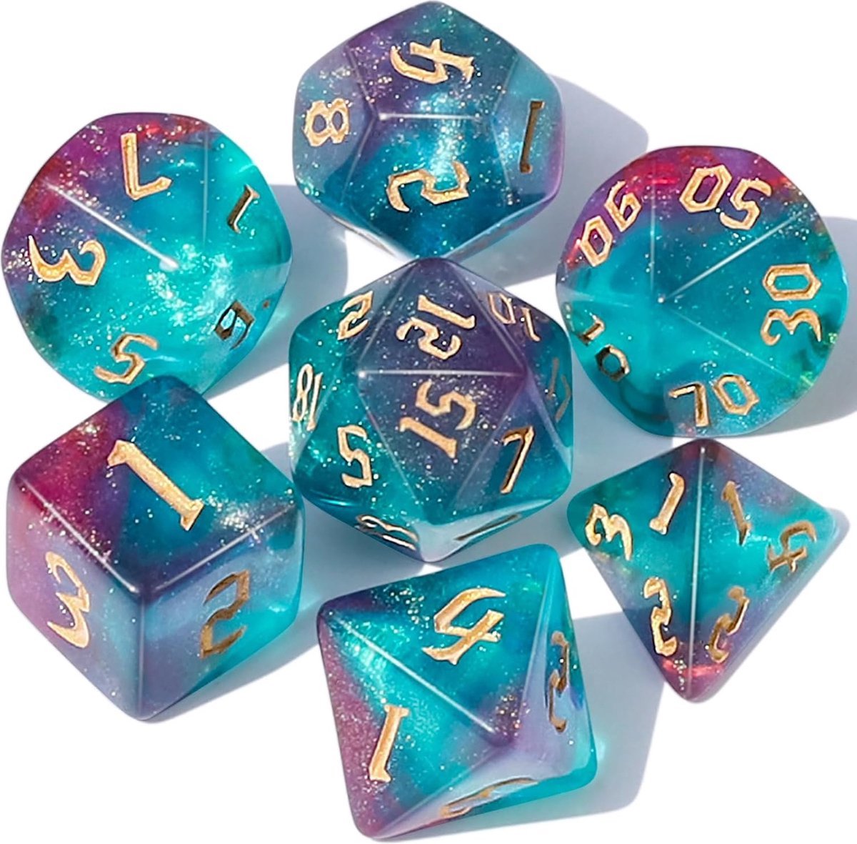 Dobbelstenen Set 7-delig – Blauw Paars D20 D12 D10 D8 D6 D4 – Voor RPG & Tafelspellen