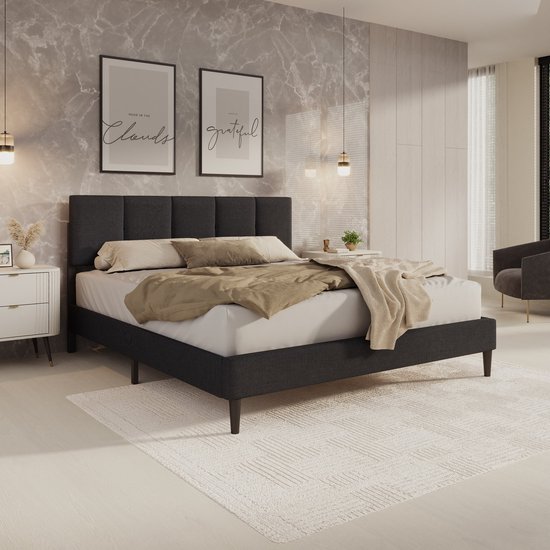 Meubella - Varell - Tweepersoonsbed - Stof zwart - 180x200 cm